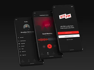 Mobile app Radio Hit FM app black design figma mobile music photoshop player profile radio red ui ux web design