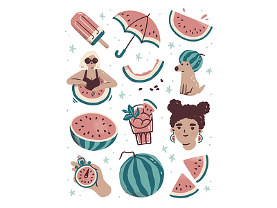 All Things Watermelon dessert digital illustration dog fruit girl ice cream illustration popsicle procreate summer umbrella watermelon