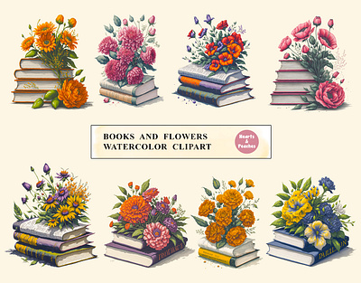 Books and Flowers, Watercolor Clipart Bundle book and flower collection book lover botanical art clipart clipart bundle design digital art digital download floral arrangements floral books floral books clipart flower bouquet graphic design illustration png reading vintage books watercolor watercolor books watercolor clipart bundle