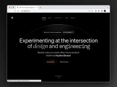 Beskar Labs — Hero Load Animation animated animation beskar css design encrypted engineering header hero home labs landing navigation page particles planet stars transition video website