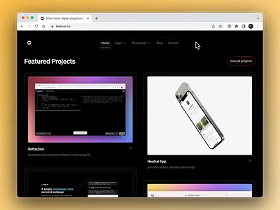 Beskar Labs — Project Cards animation beskar card cards dropdown graphic grid header hero home image labs light motion navigation projects spotlight transition ui video