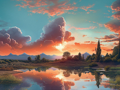 Once Upon A Time blue cloud design green illustration landscape mountain nature peak perspective red reflection sky sun sunlight sunset tree view water