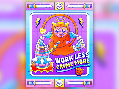 Work Less Crime More border character design colorful cool cute character design devil flat frame design hammer human human illustration illustration illustrator kawaii aesthetic mallet person texture vector weapon