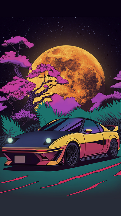 Retrowave Dreamscape: Sports Car Under a Full Moon. automotive art car art car illustration design digital art illustration japanese cars