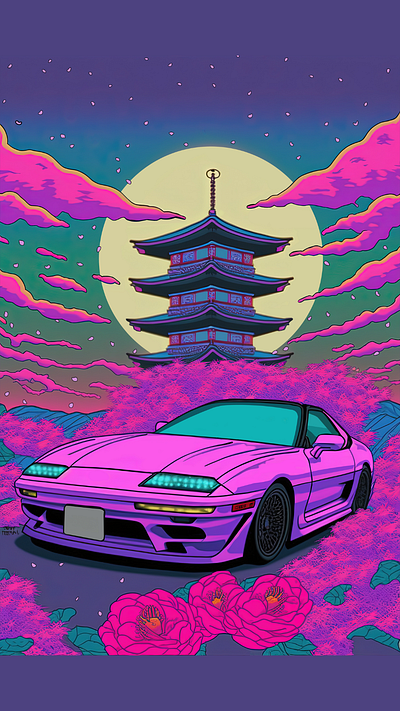 Pink Car and Pagoda automotive art car art car illustration design digital art illustration japanese cars vibrant