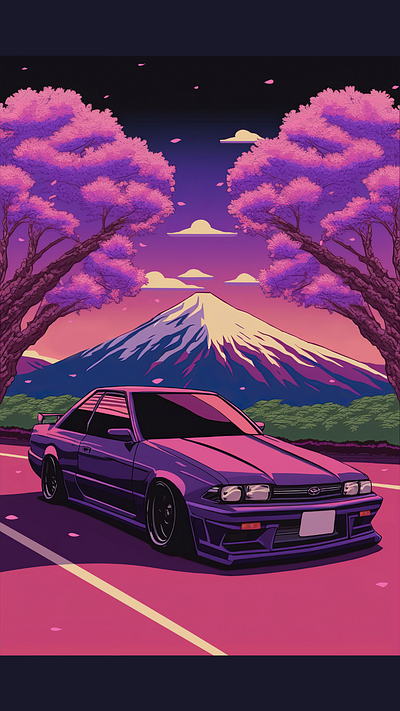 Anime Sunset Drive at Mt. Fuji automotive art car art car illustration design digital art illustration japanese cars