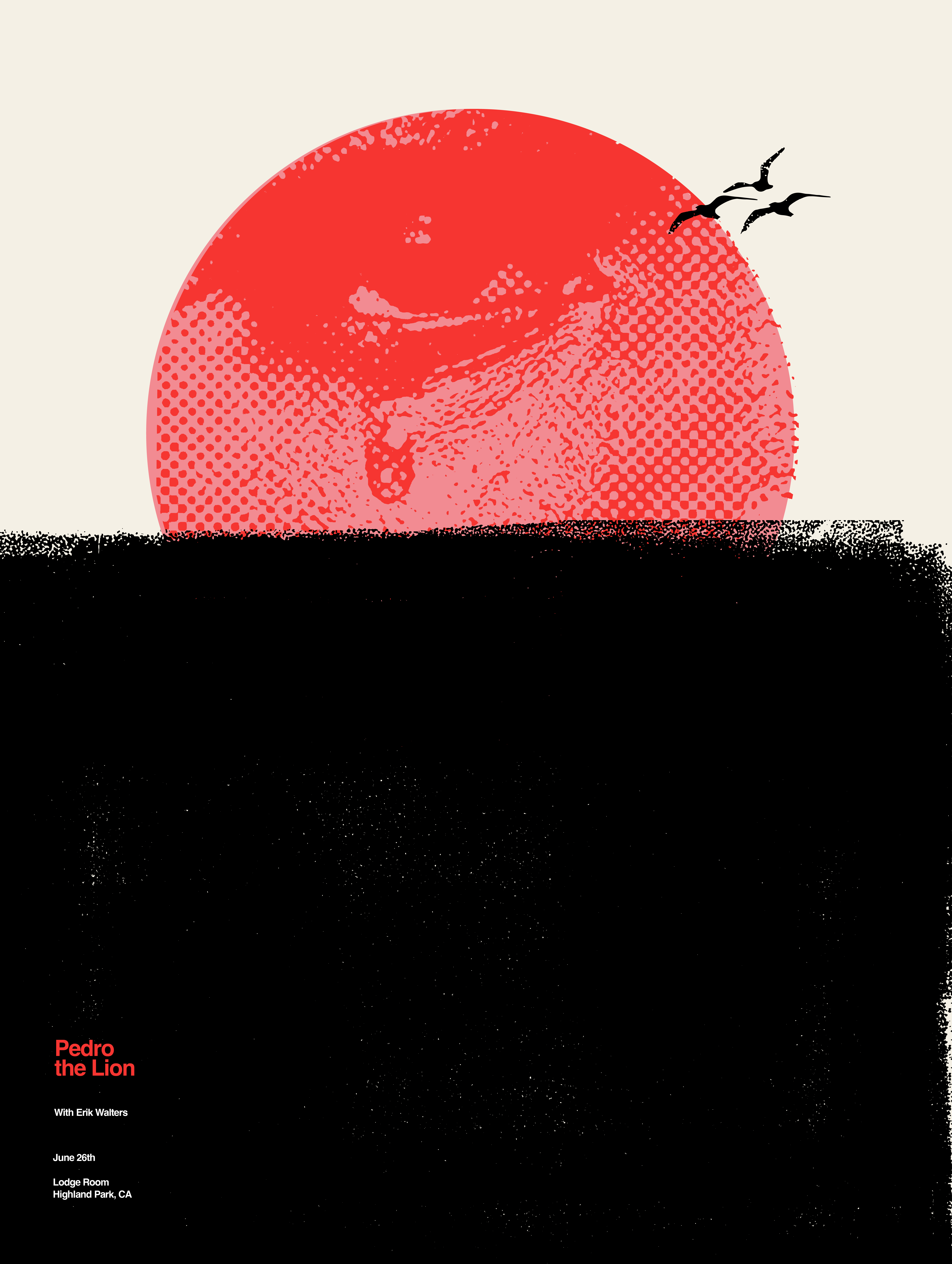 Pedro the Lion & Erik Walter, Los Angeles, June 2023. collage gigposter grit halftone illustration poster seagull sun texture typography