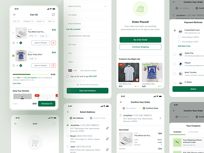 Checkout Flow - Fashion Marketplace App address apple pay cart checkout clean confirm coupons empty express free shipping item details location methods order order details payment shop ui vektora wishlist