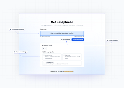 GetPassphrase: A Blend of Security and Sleek Design figma generator illustration passphrase password ui ux webapp webdesign
