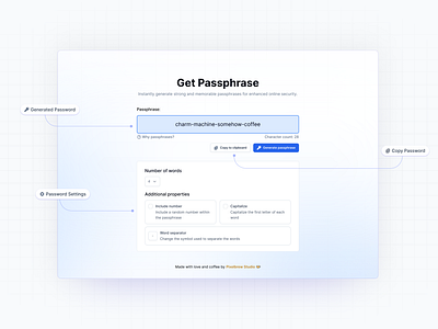 GetPassphrase: A Blend of Security and Sleek Design figma generator illustration passphrase password ui ux webapp webdesign