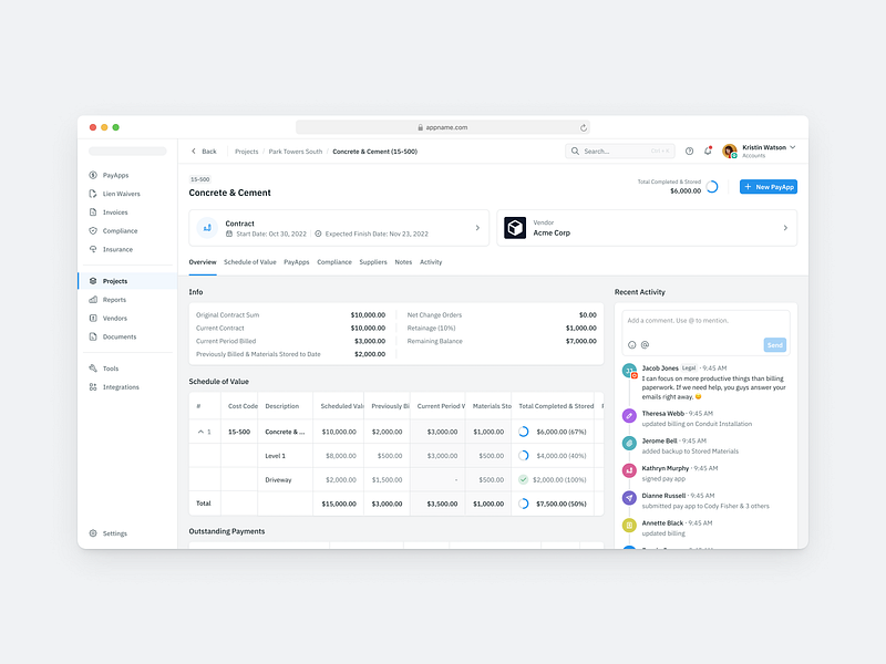 Contract Details app compliance contract dashboard lien waivers management payapps property real estate ui ux