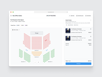 Box Office app box office dashboard performing art seat map show ticket ui ux