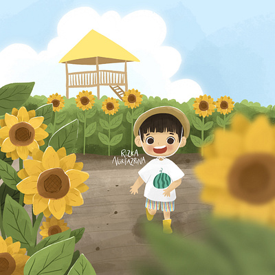 Boy in the Sunflower Garden adventure children childrens book childrens illustration cute illustration illustration procreate sunflower