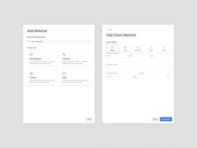 Add Material app block clean dashboard fixtures hardware machine shop material plate rod shapes tube ui ux