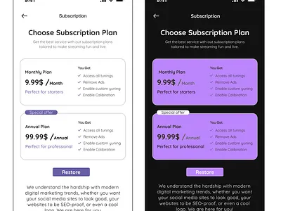 Subscription page for app android app design application design illustration ios ui user experience user interface ux website