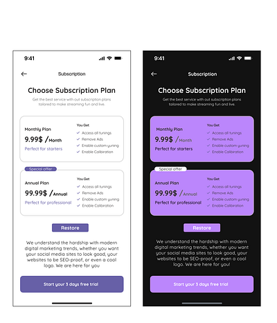 Subscription page for app android app design application design illustration ios ui user experience user interface ux website