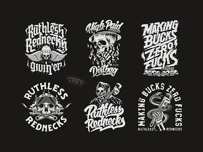 Tshirt Design Pack for Ruthless Rednecks american blue collar american design blue collar branding dirtbags graphic design handd handdrawn heavy equipment illustration lettering logo skull tees tshirt design vintagedesign worker workhard workingclass workwear