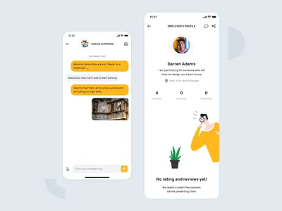 Profile & chat screen app chat employer empty state followers mobile mobile app mobile profile posts profile ui ui design ux ux design