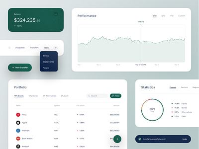 Clean Investor Dashboard app balance bonds buttons chart clean dashboard dropdown green invest light minimal performance graph pie chart stocks tabs trade ui website white space