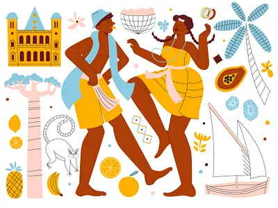 Madagascar africa character design dance flat fruit ill illustration palm set summer vector yellow