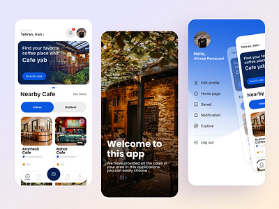 Cafe finder Mobile App app cafe cafe finder design find finder graphic design home home page mobile app profile setting typography ui ui design user interface