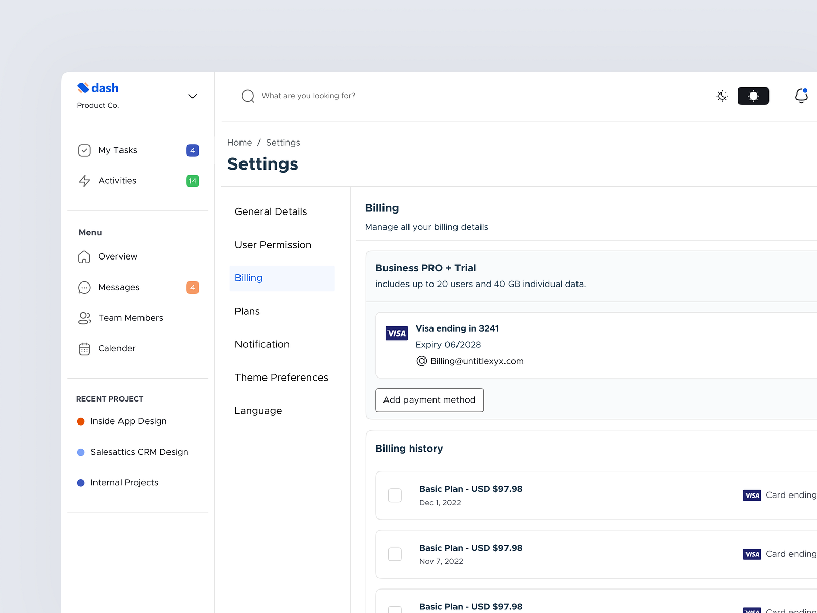 Settings page- Dash's Design System [Billing] by Satya Ranjan Swain on ...