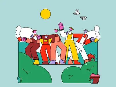 gardening birds break bushes care coffee connection flowers garden gardener gardening growing illustration laugh nice people person sun tomatoes wave yard