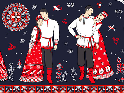 Loving couples. Mezen motives. folk art for lovers illustration mezen painting mug ornament red vector