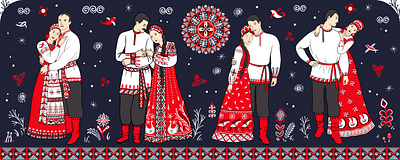 Loving couples. Mezen motives. folk art for lovers illustration mezen painting mug ornament red vector