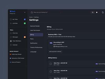 Settings page- Dash's Design System [Billing] Dark Mode bill billing branding dashboard history logo mobile payment paymenthistory setting table ui uidesign user inteface userexperience userinterface web