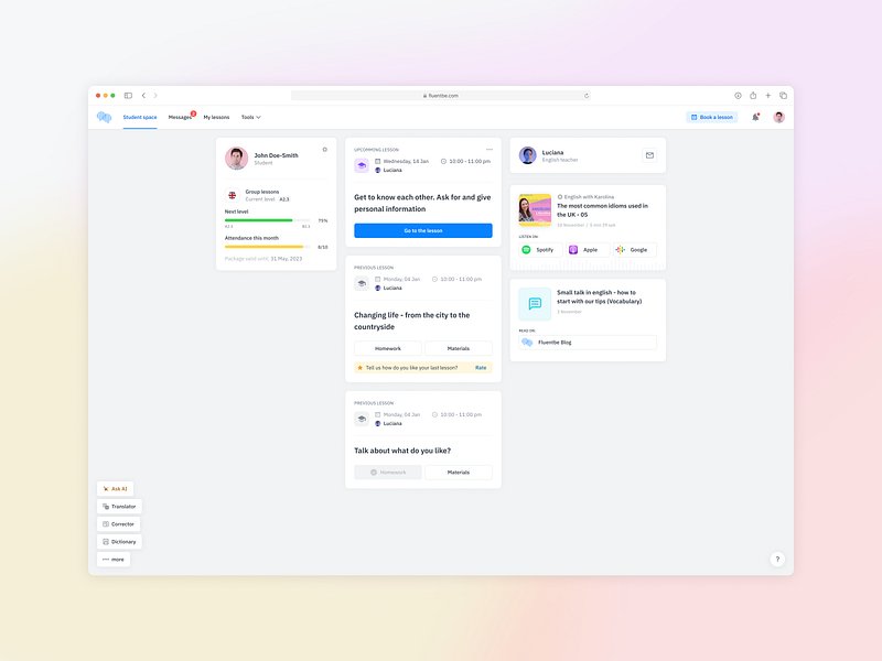 Fluentbe - Student space account application booking dashboard header language lesson navigation profile space ui design web app widget