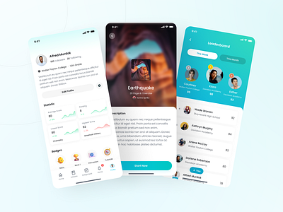 Scoofield - Profile, Lessons Overview, and Leaderboard badge chart clean course cover page design e learning leaderboard lesson mobile app online course profile quiz rank school score statistic student ui ux