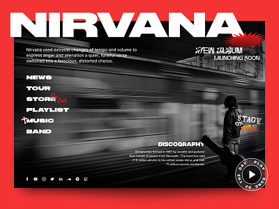 Nirvana Music band banner chaos creative design figma fonts kurt cobain landing merch music navigation nirvana playlist rock typography ui uiux web website
