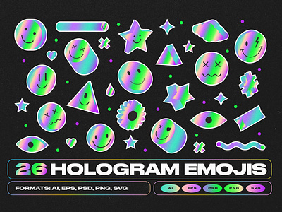 Hologram Emojis 3d badge chrome emoji eye face fluorescent gradient hologram holographic lable logo metallic neon patch retro smily stickers triangle y2k