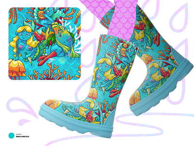 Cheerful pattern for boots cartoon illustration mermaid pattern summer shoes