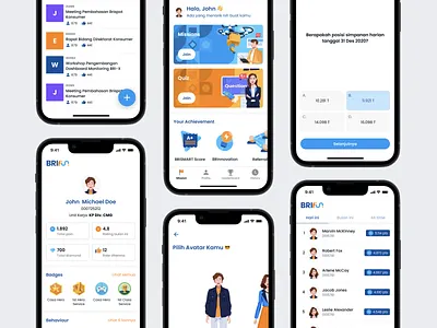 BRI Fun - Internal Gamification App achievements app avatar bri clean coins diamond elearning gamification home screen illustration leaderboard mission points quiz rewards