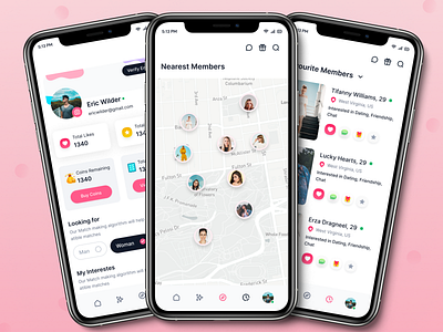 Match Making App android branding bumble dating dating app ui design ios map deisgn match making app mobile ui pink shadi.com tinder tinder redesign ui uiux