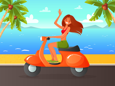 Summer illustration of a girl riding a scooter past the beach 2d beach cartoon character cute design girl hello illustration palm ride scooter sea sport summer travel tree tropical vacation vector