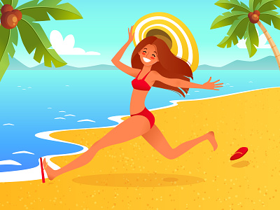 Summer illustration of a girl running on the beach 2d beach cartoon character cute girl happy illustration island ocean palm relax resort run sea summer swimsuit tropical vacation vector