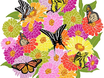 Butterflies agriculture animal asclepias tuberosa botanical illustration butterfly design fauna flora floral floral illustration florals floriculture graphic design horticulture illustration insects monarch repeat pattern swallowtail zinnia