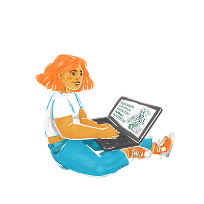 Girl sitting with laptop illustration computer convers designer drawing graphic design illustration laptop orange scrolling sitting
