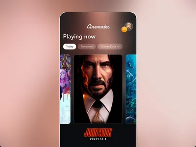 Cinemates - Cinema Mobile App android animation app blur blurred background carousel chips cinema design film film poster glassmorphism interaction ios mobile movie transition transparent ui ux