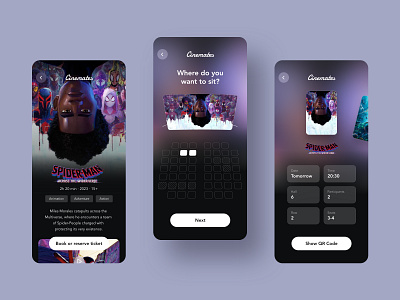 Cinemates - Cinema Mobile App android app blur carousel cinema design film film poster glassmorphism interaction ios mobile movie perspective seat selection ticket transparent ui ux