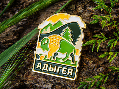 Metal Pin Design animal badges bison design geometric gold illustration landscape mammal meadows metal metal pin mountain nature pin three