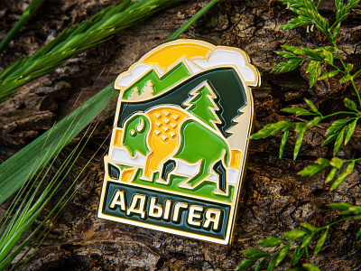 Bison Metal Pin Design animal badges bison design geometric gold illustration landscape mammal meadows metal metal pin mountain nature pin three