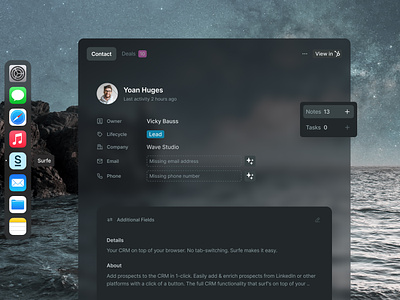 Contact Overview Dark Mode — Surfe UI account details account overview apple design components contact search dark mode dashboard deals design system find email find phone glass effect light mode minimalistic design product design product modal profile section search for details ui ui design