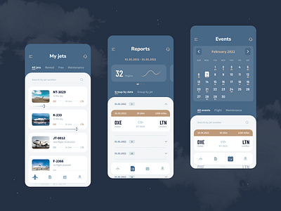 Aircraft management app: concept aircraft airplane business calendar cards concept date events flights interface list view plane private jet rent reports ui ux