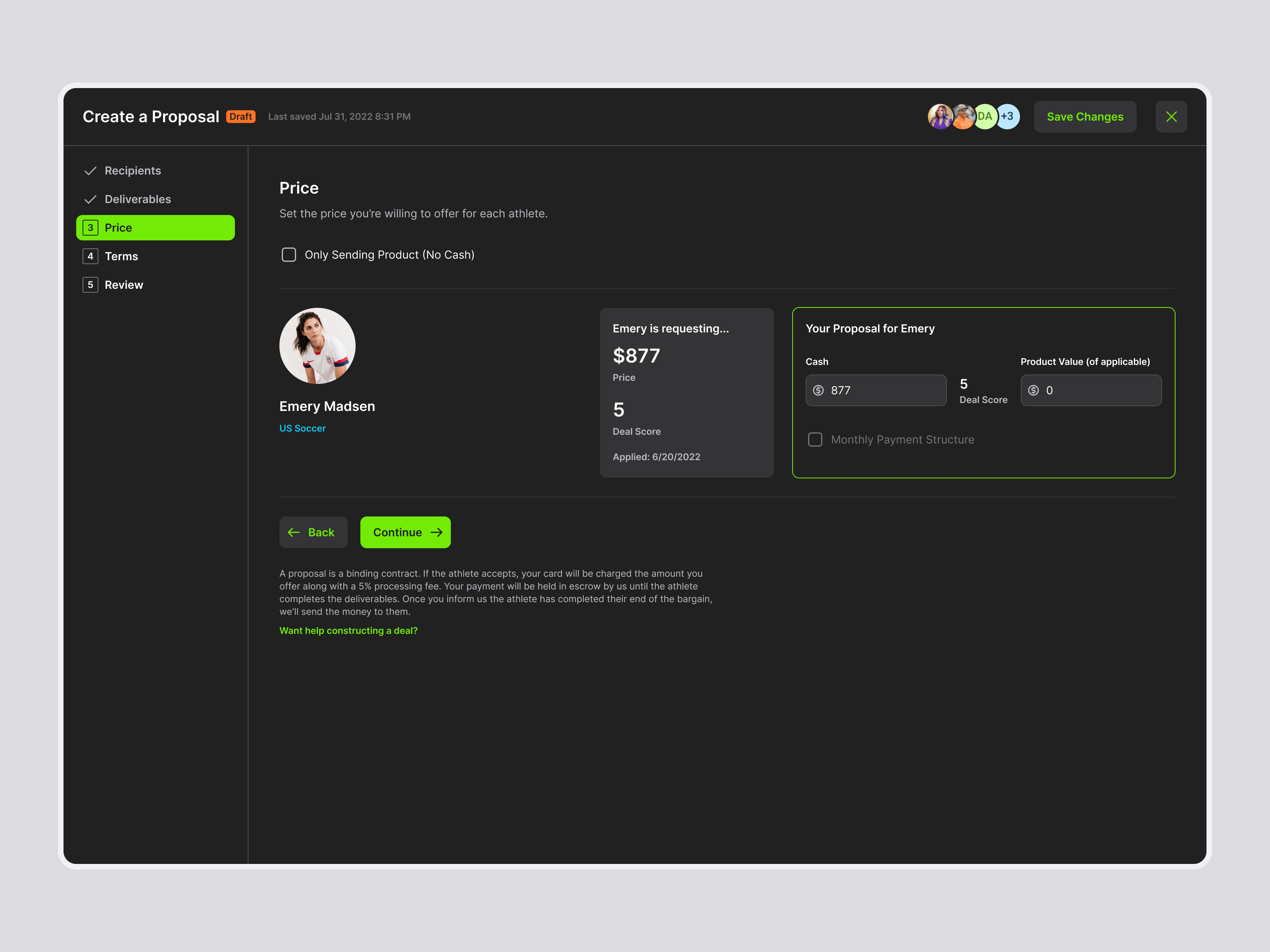 Create a Proposal – MarketPryce athletes clean contracts dark mode dark ui design minimal saas saas design sports step flow steps ui ui design ux web design
