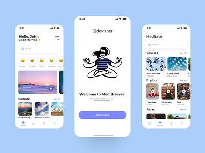 MeditHeaven - Meditation Mobile App app app wireframing branding design figma guided meditation interaction design meditation app mindfulness mobile app mobile app architecture mobile design ui user interface (ui) design ux