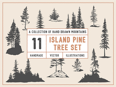 Island Pine Tree Set art collection design digital download hand drawn illustration island pines pine trees set tree vector